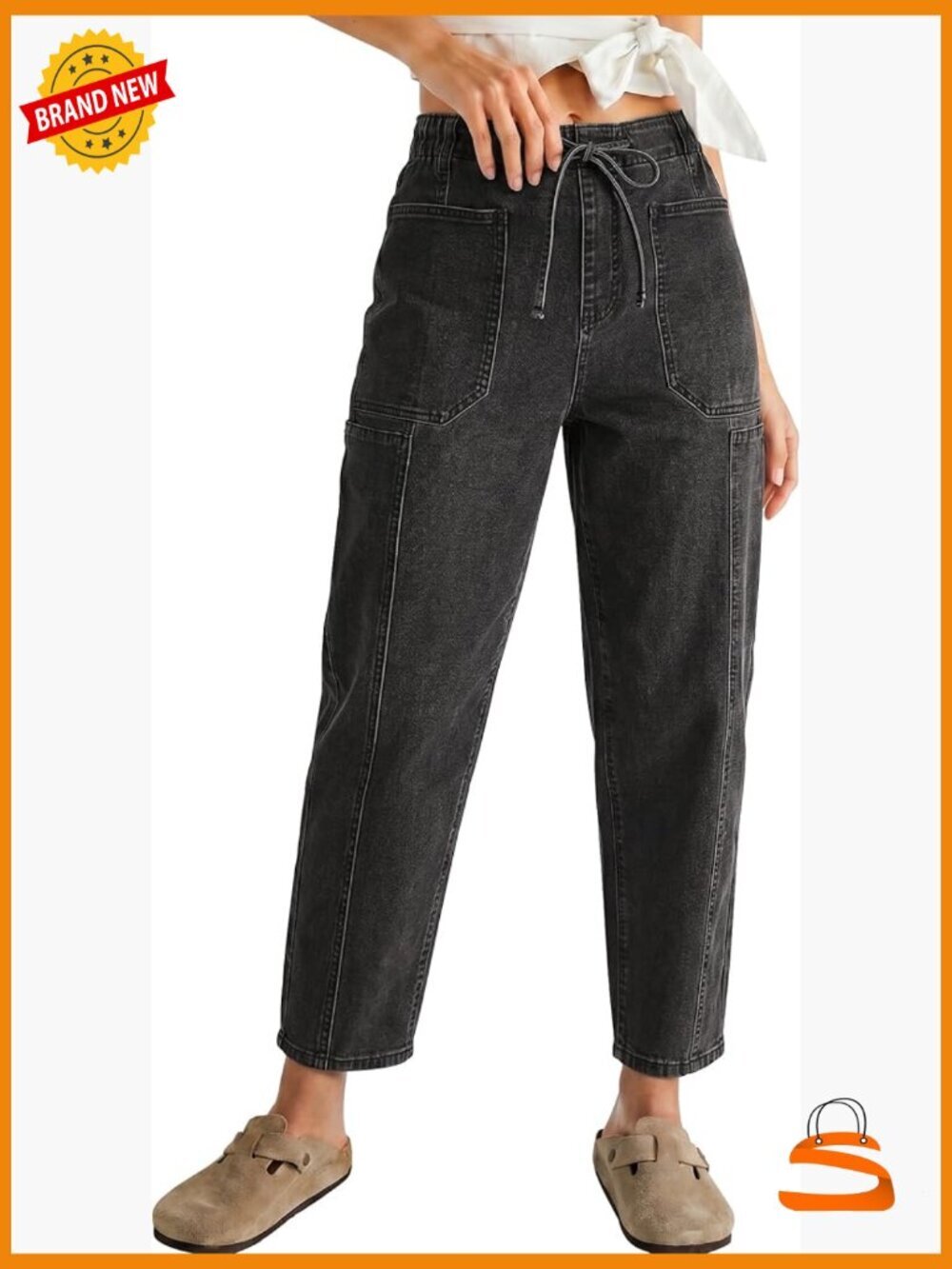 High Waisted Pull On Drawstring Elastic Waist Baggy Barrel Jeans